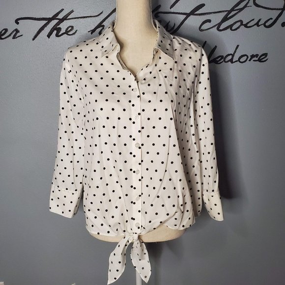 Chicos Black White Polka Dot Button Up Tie Waist - Picture 1 of 6